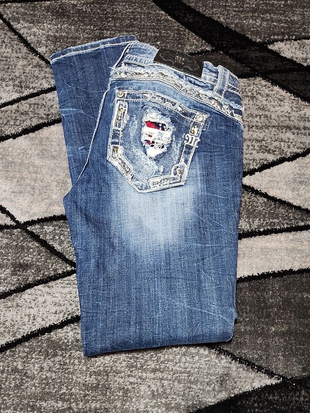 MISS ME DISTRESSED PLAID PATCHWORK SEQUINS RHINESTONES STUDDED SKINNY DENIM JEAN
